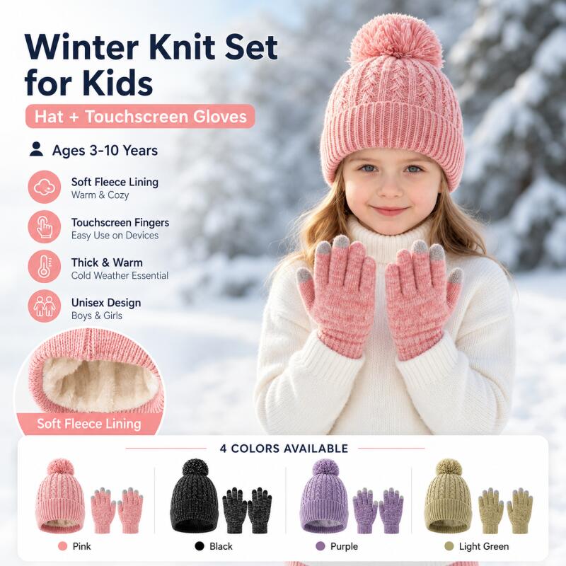 Kids Outdoor Gloves - طقم قبعة شتوية محبوكة للأطفال مع